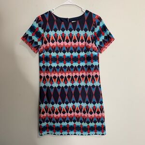 M1 J. Crew Geo Print Blue Mini Dress Sleeve Preppy Shift Cute Romantic Size‎ 00